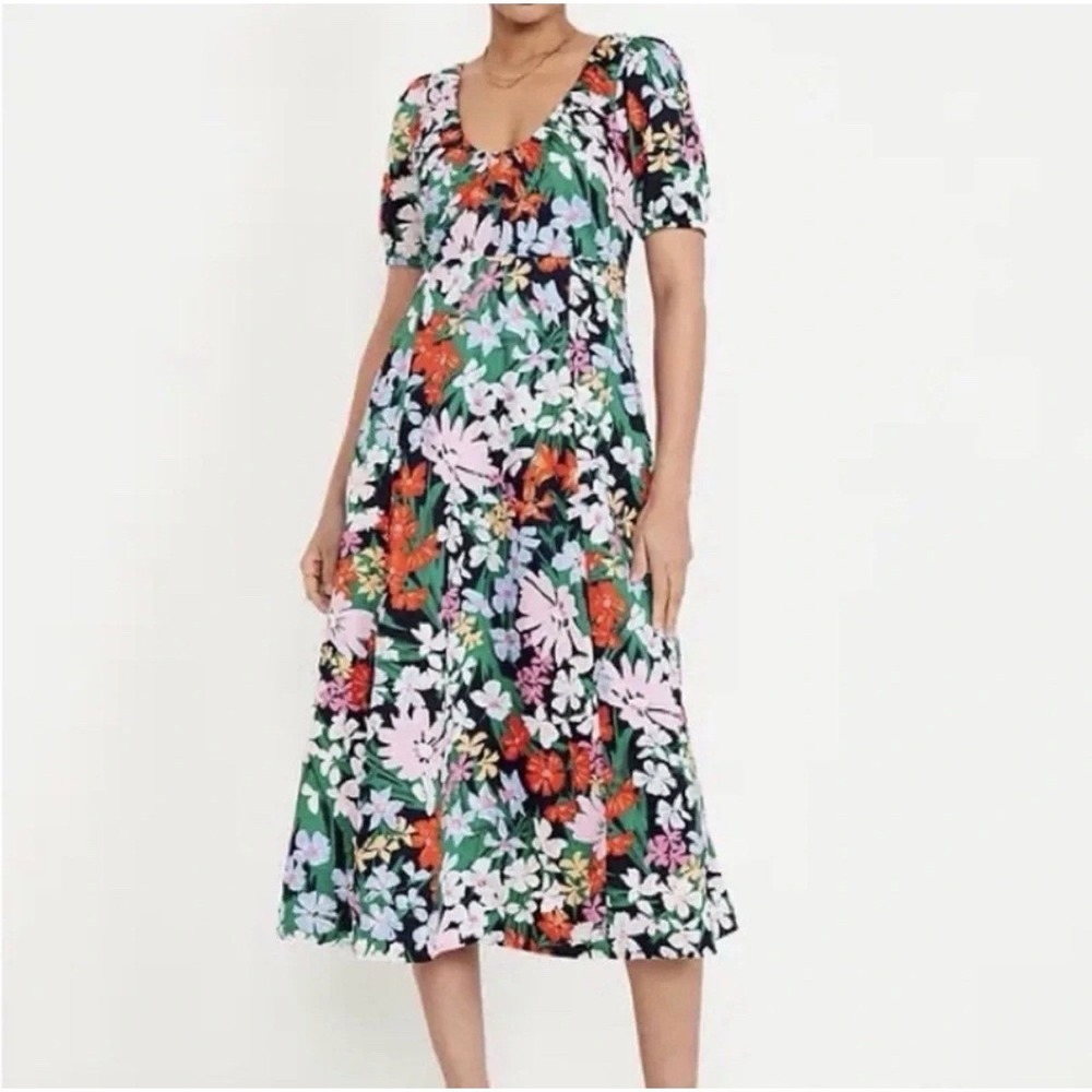 Old Navy Floral Midi Maxi Dress Sz L Colorful Cotton Smocked Back Bright Girly